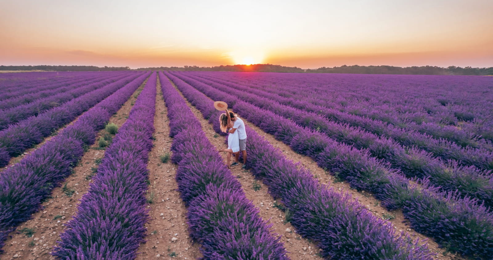 Couple dans un champ de lavandin au coucher du soleil à La Ferté Villeneuil en Eure-et-Loir